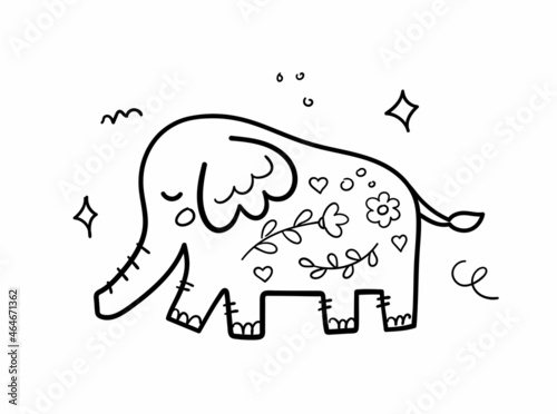 Hand drawn cute elephant. Cartoon animal in doodle sketch style. Vector linear illustration.