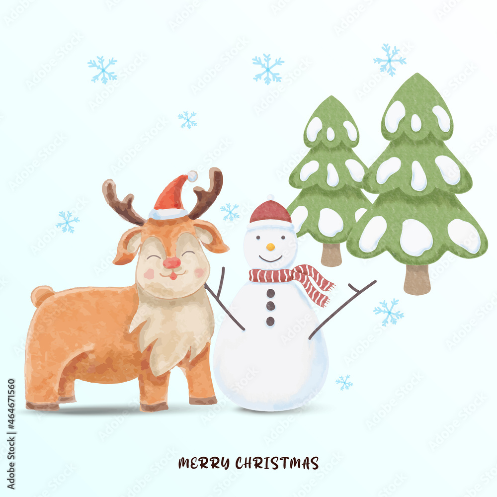 watercolor cute deer and snowman merry christmas watercolor cute deer and snowman merry christmas