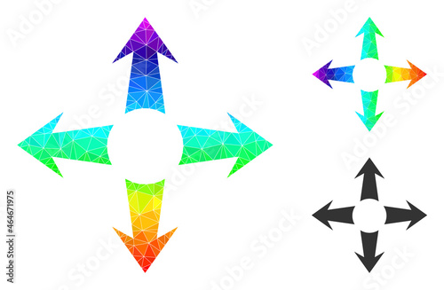 Low-poly expand arrows icon with rainbow colorful. Spectrum colorful polygonal expand arrows vector constructed with scattered colorful triangles.