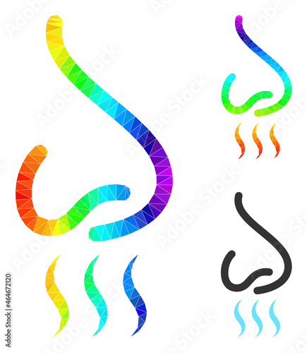 Low-poly nose smell icon with rainbow colored. Rainbow vibrant polygonal nose smell vector is combined from random bright triangles.
