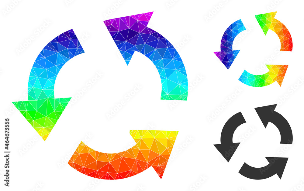 Low-poly recycle icon with spectrum colorful. Spectrum vibrant polygonal recycle vector is designed from randomized colorful triangles. Flat geometric polygonal symbol created from recycle icon. Low-poly recycle icon with spectrum colorful. Spectrum vibrant polygonal recycle vector is designed from randomized colorful triangles. Flat geometric polygonal symbol created from recycle icon.