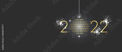 We wish you Merry Christmas and Happy New Year 2022 shining christmas ball firework gold black greeting card vector