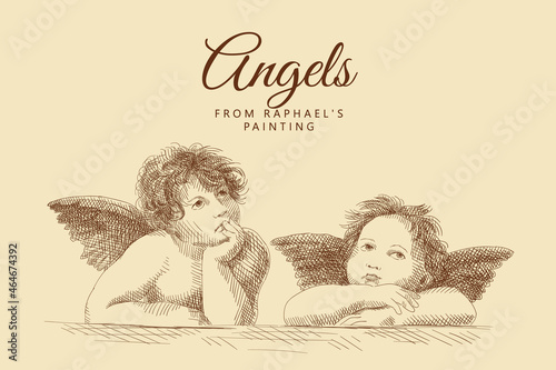 Two little angels from a painting by Raphael Santi. Italian Renaissance. Vintage brown and beige card, hand-drawn, vector. Old design. Line graphics. Child portraits.