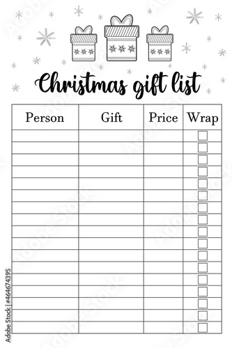 Christmas gift list. Blank printable vertical notebook page. Minimalistic abstract planners. Suitable for holiday organizers, gift buyers. Checklist for planning and buying Christmas gifts.