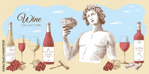 Wine collection: statue of Dionysus, bottles of wine, glasses, grapes with leaves, wine corks and corkscrew, hand-drawn. photo