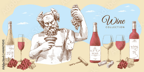 Wine collection: statue of Dionysus, bottles of wine, glasses, grapes with leaves, wine corks and corkscrew, hand-drawn. photo