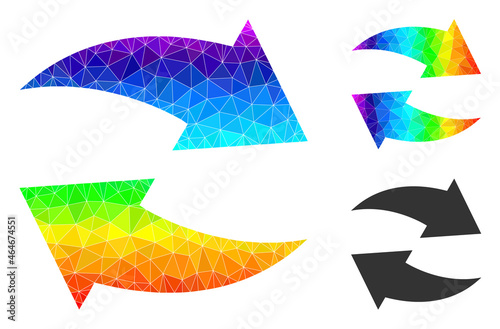 lowpoly exchange arrows icon with spectral vibrant. Spectrum colored polygonal exchange arrows vector combined of scattered vibrant triangles.
