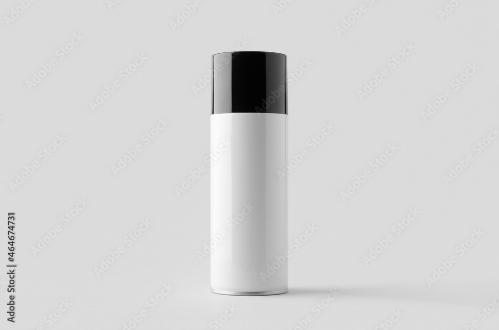 White spray paint can mockup with black lid.