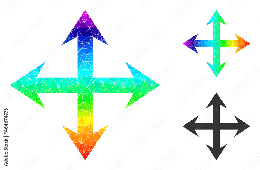 lowpoly expand arrows icon with spectrum gradient. Spectrum vibrant polygonal expand arrows vector is filled from scattered vibrant triangles. lowpoly expand arrows icon with spectrum gradient. Spectrum vibrant polygonal expand arrows vector is filled from scattered vibrant triangles.