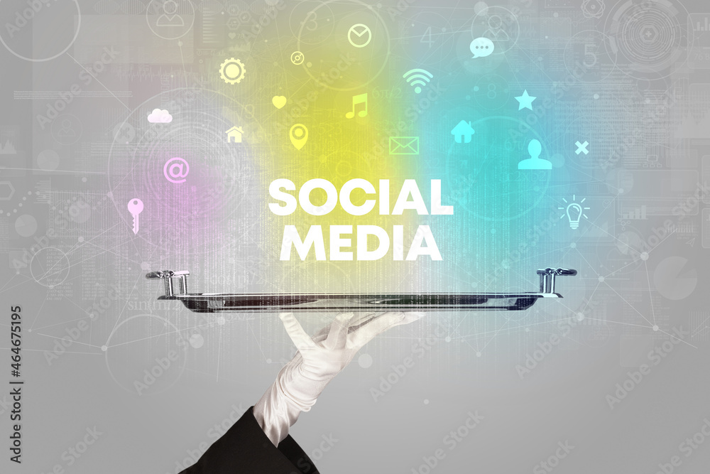 Waiter serving social networking concept Waiter serving social networking concept