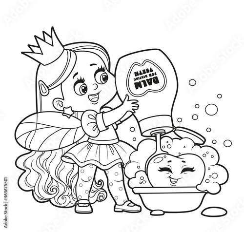 Cute little cartoon girl tooth fairy pours balm on a tooth rinse outlined for coloring on white background