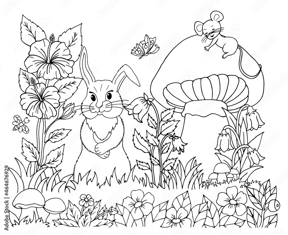 Fototapeta premium Illustration. Rabbit with a mouse in a meadow of flowers near a mushroom. Coloring book. Antistress for adults and children. The work was done in manual mode. Black and white.