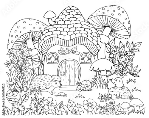 Illustration. A mushroom house for a hedgehog in the meadow. Coloring book. Antistress for adults and children. The work was done in manual mode. Black and white.