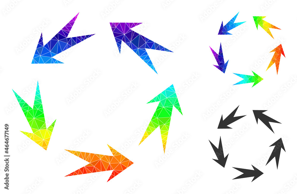 Fototapeta premium lowpoly rotation icon with spectral colored. Spectral colored polygonal rotation vector is combined of randomized colored triangles. Flat geometric lowpoly symbol based on rotation pictogram.