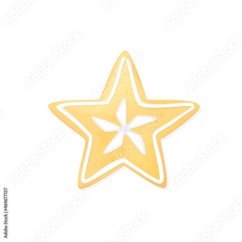 Gingerbread star isolated on white background. Homemade cookie decorated with icing frosted for New Year's party. Vector illustration of Christmas dessert concept...