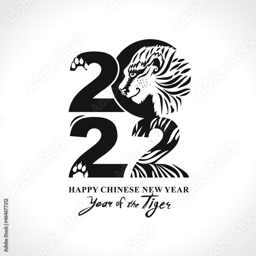 Vector New Year template 2022 and Tiger. Year of tiger 2022 on the Chinese calendar. Black Tiger Zodiac symbol. Chinese New Year. 