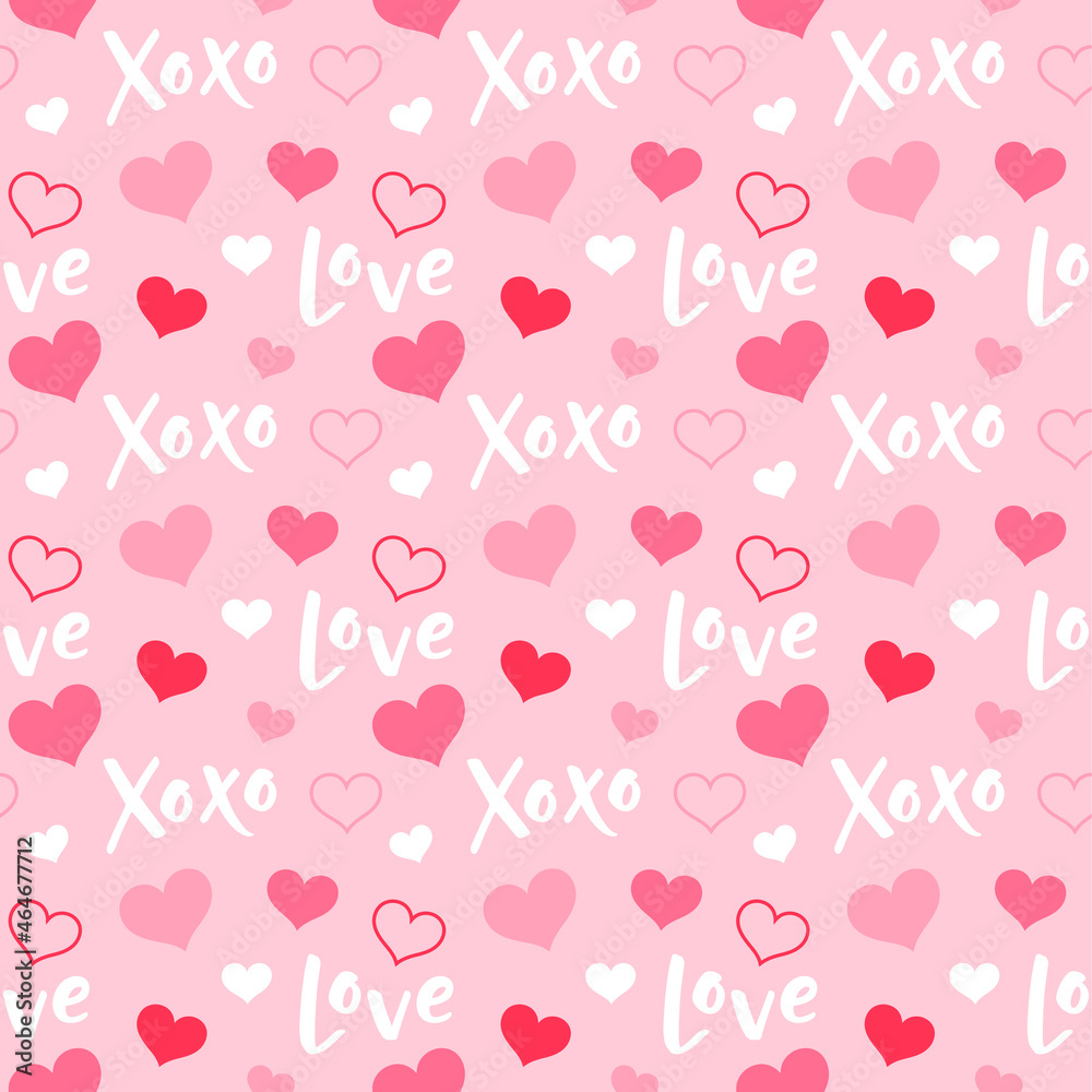 Seamless pattern of hearts and words with pink background for valentine’s day.