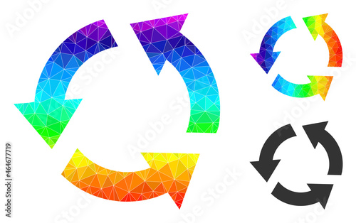 lowpoly recycle icon with spectrum colored. Spectrum colored polygonal recycle vector is filled from chaotic colored triangles. Flat geometric mesh symbol is designed by recycle pictogram.