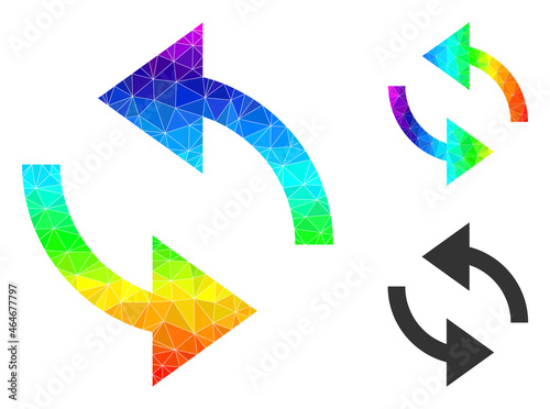 Low-poly exchange arrows icon with spectrum colorful. Spectrum colored polygonal exchange arrows vector constructed from scattered colorful triangles.
