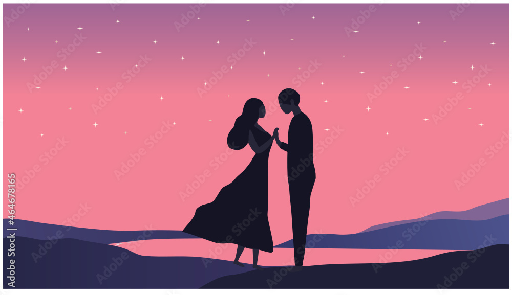 Silhouette of loving couple holding hands on sunset beach background vector illustration