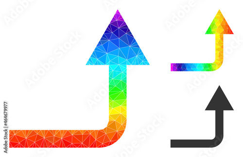 Low-poly turn forward icon with spectral colored. Spectral colored polygonal turn forward vector is combined with randomized vibrant triangles.