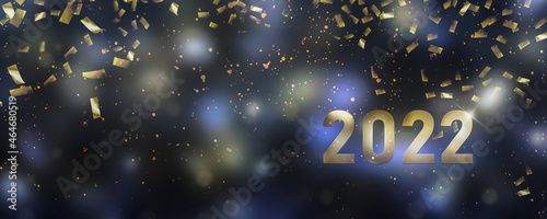 beautiful happy new year 2022 backdrop, number on abstract party night background with golden confetti rain from the dark blue sky, cheerful greeting card concept with copy space