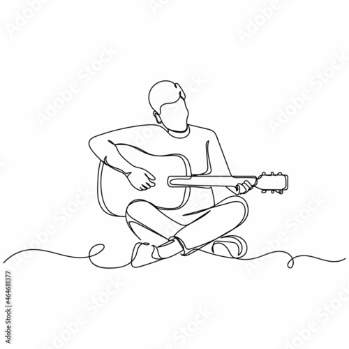 Vector continuous one single line drawing icon of man playing guitar in silhouette on a white background. Linear stylized.