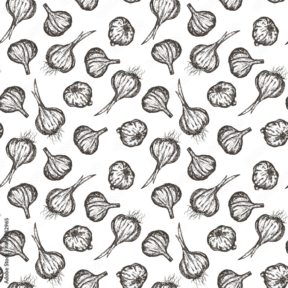 Hand drawn seamless pattern with garlic in monochrome sketch engraved style isolated on white background. Design for branding healthy food or market cover, banner, menu. Vector illustration. Hand drawn seamless pattern with garlic in monochrome sketch engraved style isolated on white background. Design for branding healthy food or market cover, banner, menu. Vector illustration.