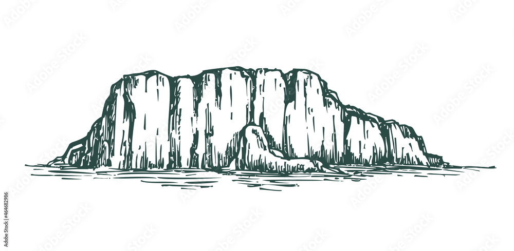 Vector illustration iceberg in monochrome sketch engraved style isolated on white background. Big ice mountain in water. Hand drawn vintage design element.