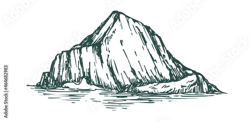 Vector illustration iceberg in monochrome sketch engraved style isolated on white background. Big ice mountain in water. Hand drawn vintage design element.