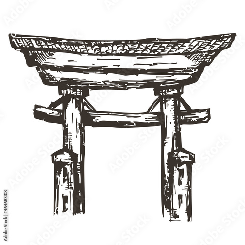 Vector hand draw japanese torii gate isolated on white background. Monochrome illustration in sketch vintage style.