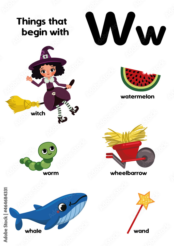 Things that start with the letter W. Educational, vector illustration for children.