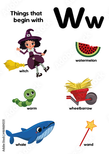 Things that start with the letter W. Educational, vector illustration for children.