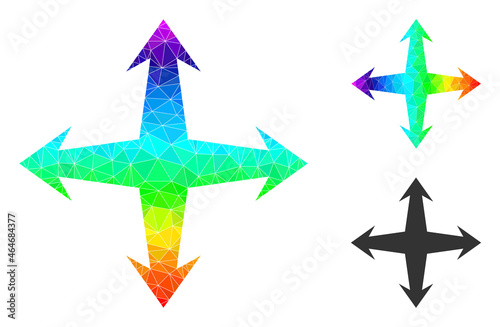 Low-poly expand icon with spectral colored. Spectral colored polygonal expand vector is combined with chaotic colored triangles. Flat geometric lowpoly illustration created from expand icon.