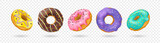 Set of realistic donuts with sprinkles isolated on transparent background. 3d vector illustration