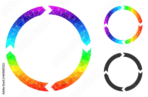 lowpoly rotation icon with spectrum colored. Spectrum colored polygonal rotation vector is designed with chaotic bright triangles.
