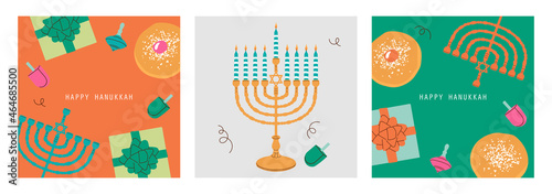 Hanukkah holiday banner design set with menorah, sufganiyot and spinning top. Hand drawn minimal trendy vector illustration