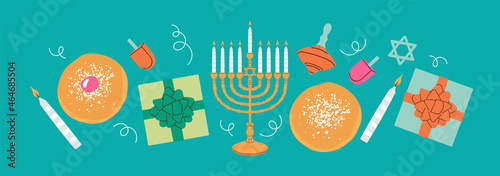 Hanukkah holiday banner design with menorah, donuts and gift box. Hand drawn minimal trendy vector illustration