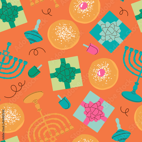 Seamless pattern background for Hanukkah holiday with menorah, donuts and gift box. Hand drawn minimal trendy vector illustration