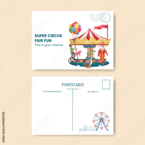 Postcard template with circus funfair concept,watercolor style