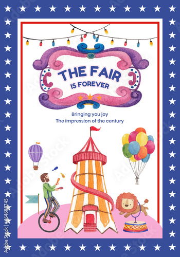 Poster template with circus funfair concept,watercolor style