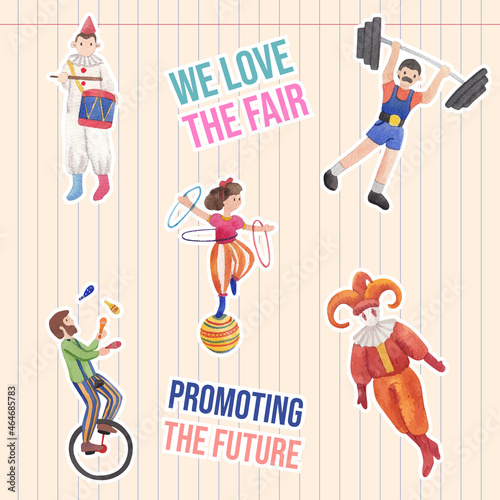 Sticker template with circus funfair concept,watercolor style