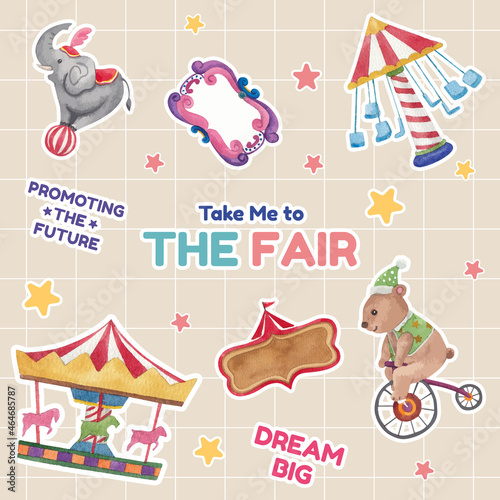 Sticker template with circus funfair concept,watercolor style