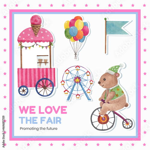 Sticker template with circus funfair concept,watercolor style