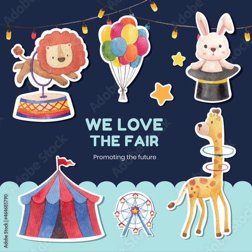 Sticker template with circus funfair concept,watercolor style