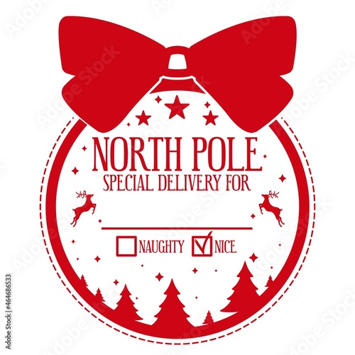 North pole special delivery.Christmas design for a personalized gift bag from Santa Claus. Beautiful template for xmas handmade gifts in shape of the glass ball.Vector illustration on white background