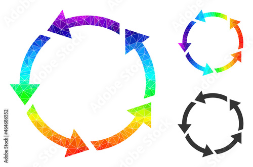 Low-poly rotation icon with spectral colorful. Spectral vibrant polygonal rotation vector is constructed of random colorful triangles. Flat geometric polygonal illustration created from rotation icon.