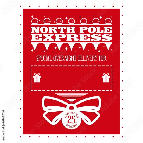 Christmas design for a personalized gift bag from Santa Claus. North pole express. Special overnight delivery . Template for xmas handmade gifts. Vector illustration.