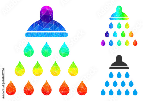 lowpoly shower icon with spectral colorful. Spectrum vibrant polygonal shower vector is filled of scattered vibrant triangles. Flat geometric lowpoly illustration is created from shower icon.