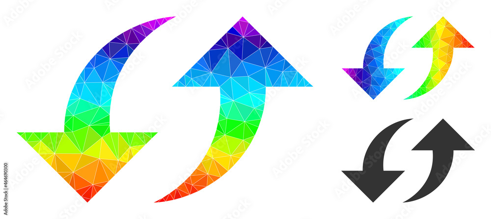 Fototapeta premium Low-poly exchange arrows icon with spectrum gradient. Spectrum colorful polygonal exchange arrows vector combined from scattered colorful triangles.